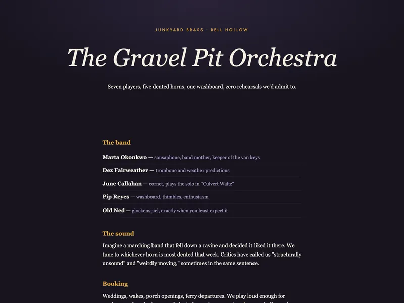 Screenshot of The Gravel Pit Orchestra — Seven players, five dented horns