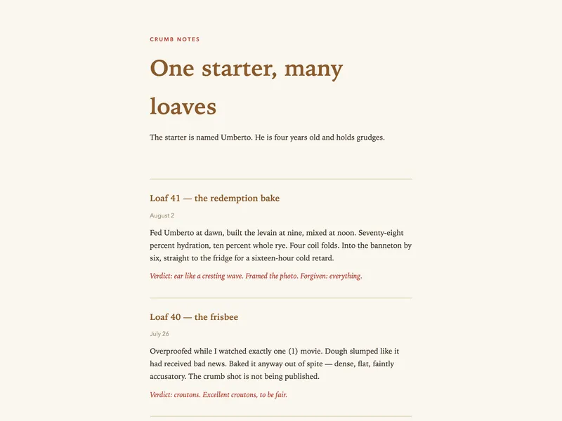 Screenshot of Crumb Notes — A sourdough log