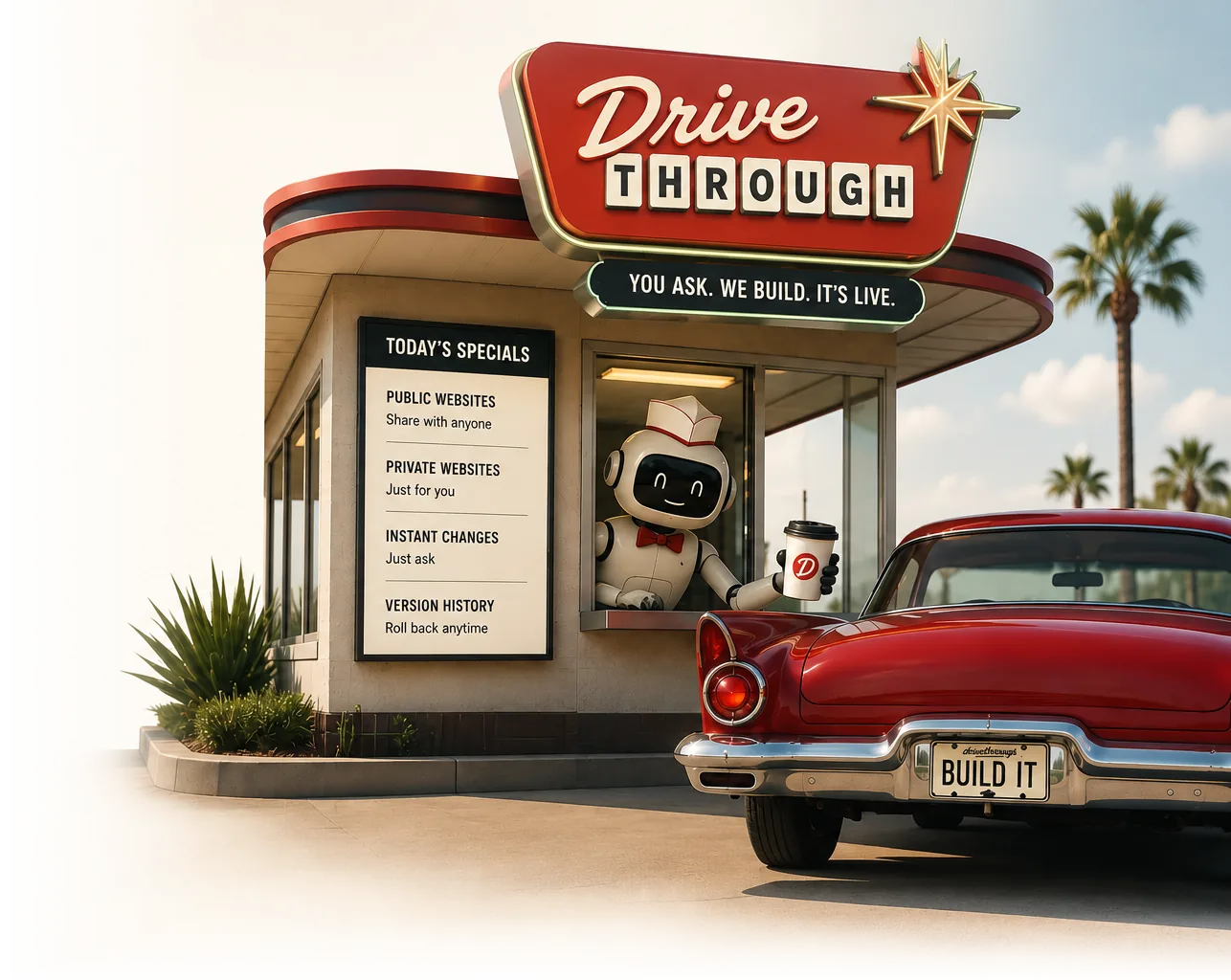A robot in a paper hat leans out of a drive-through window holding a Drivethrough
cup, beside a menu board reading public websites, private websites, instant
changes and version history.